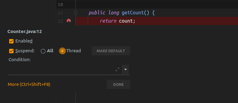 Suspending a thread in breakpoint settings