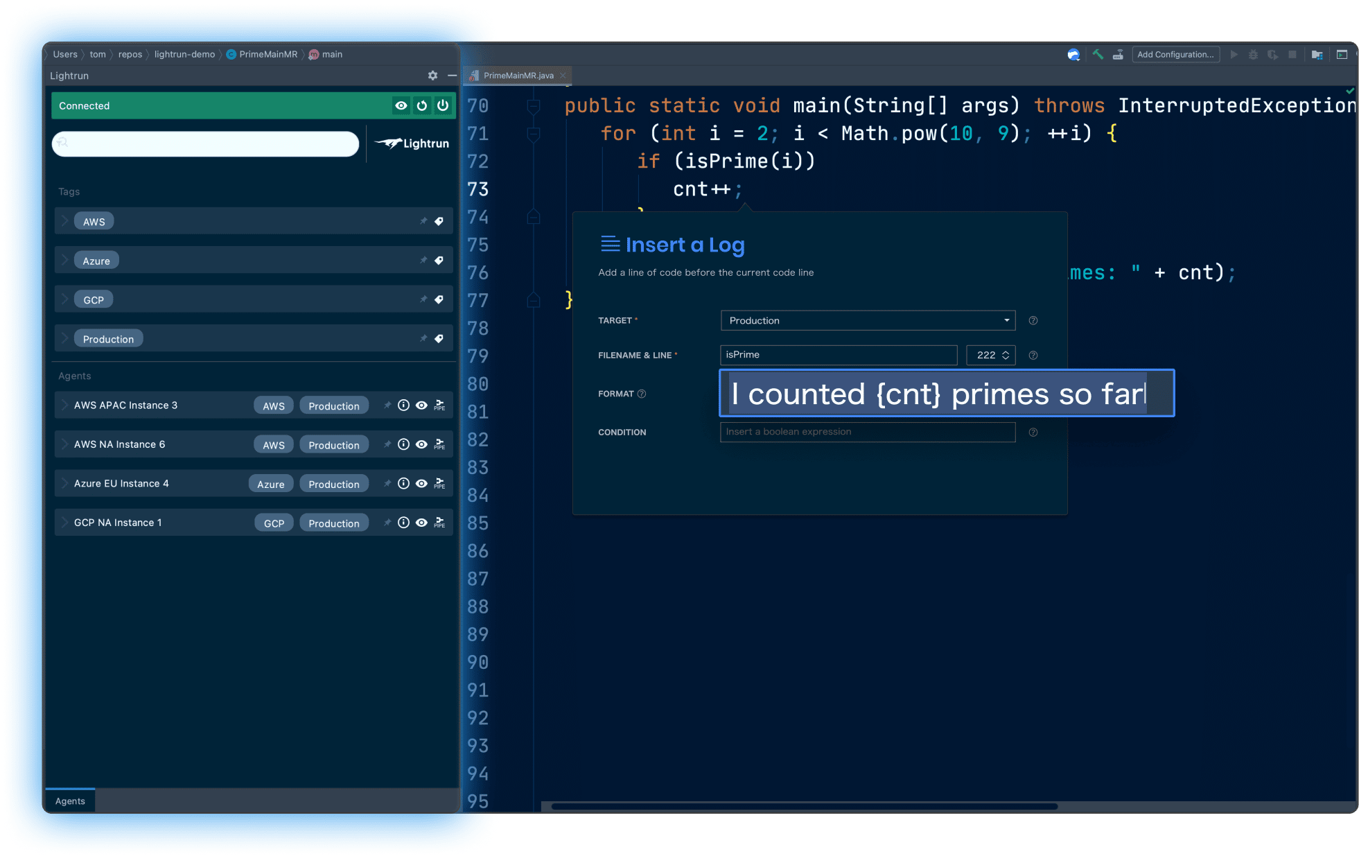 Adding a Lightrun log in IntelliJ IDEA