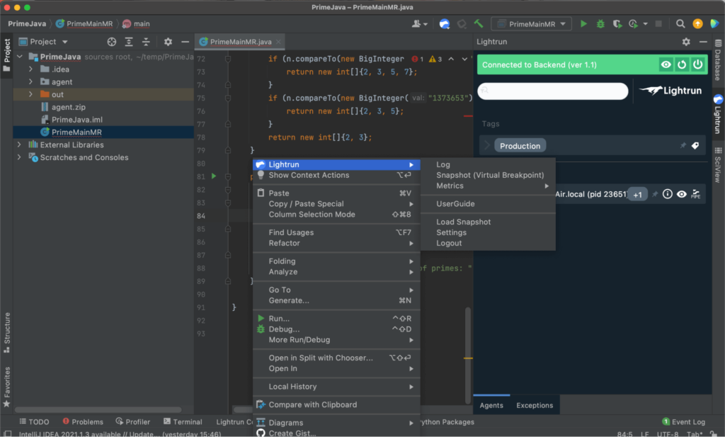 Lightrun commands in IntelliJ IDEA's context menu