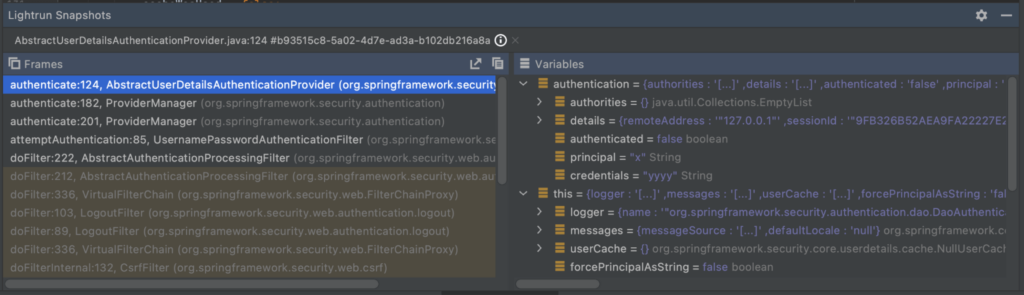 Stack frames and variables made available by a Lightrun snapshot