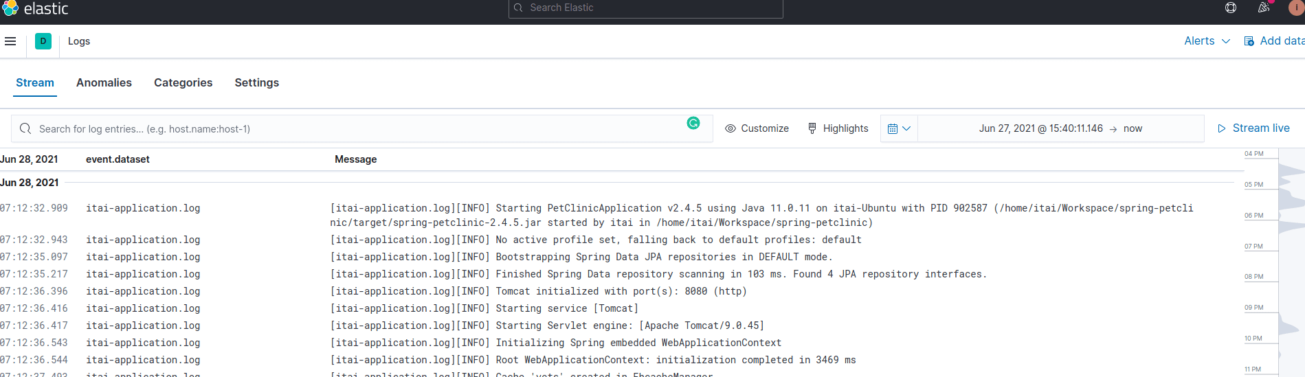 Elastic Observability’s log analysis pane