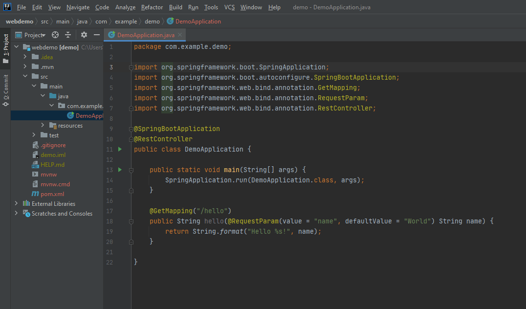 Spring Boot ‘Hello World’ code in IntelliJ IDEA